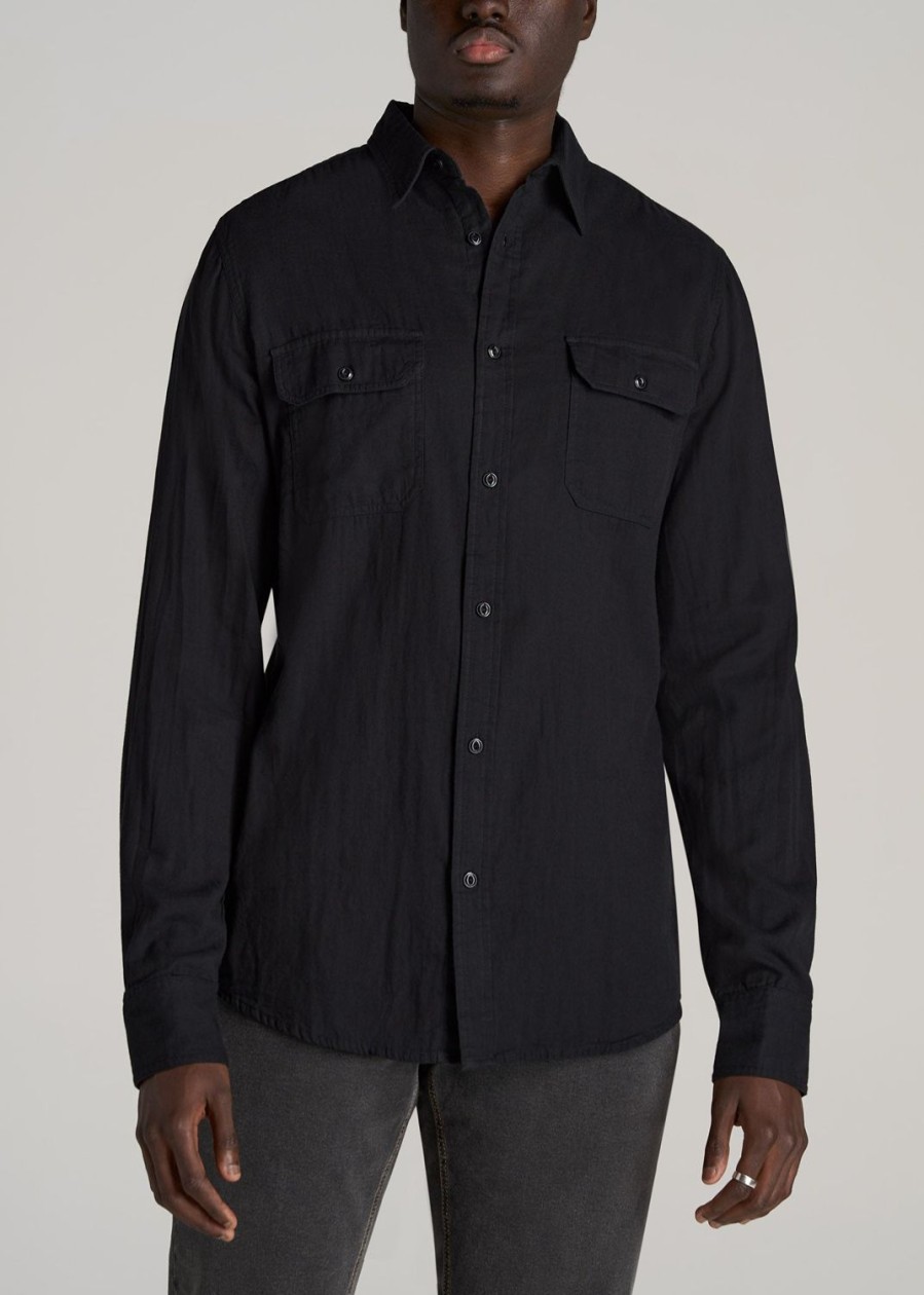 Men American Tall Button Shirts | Lj&S Double Weave Shirt For Tall Men In Vintage Black