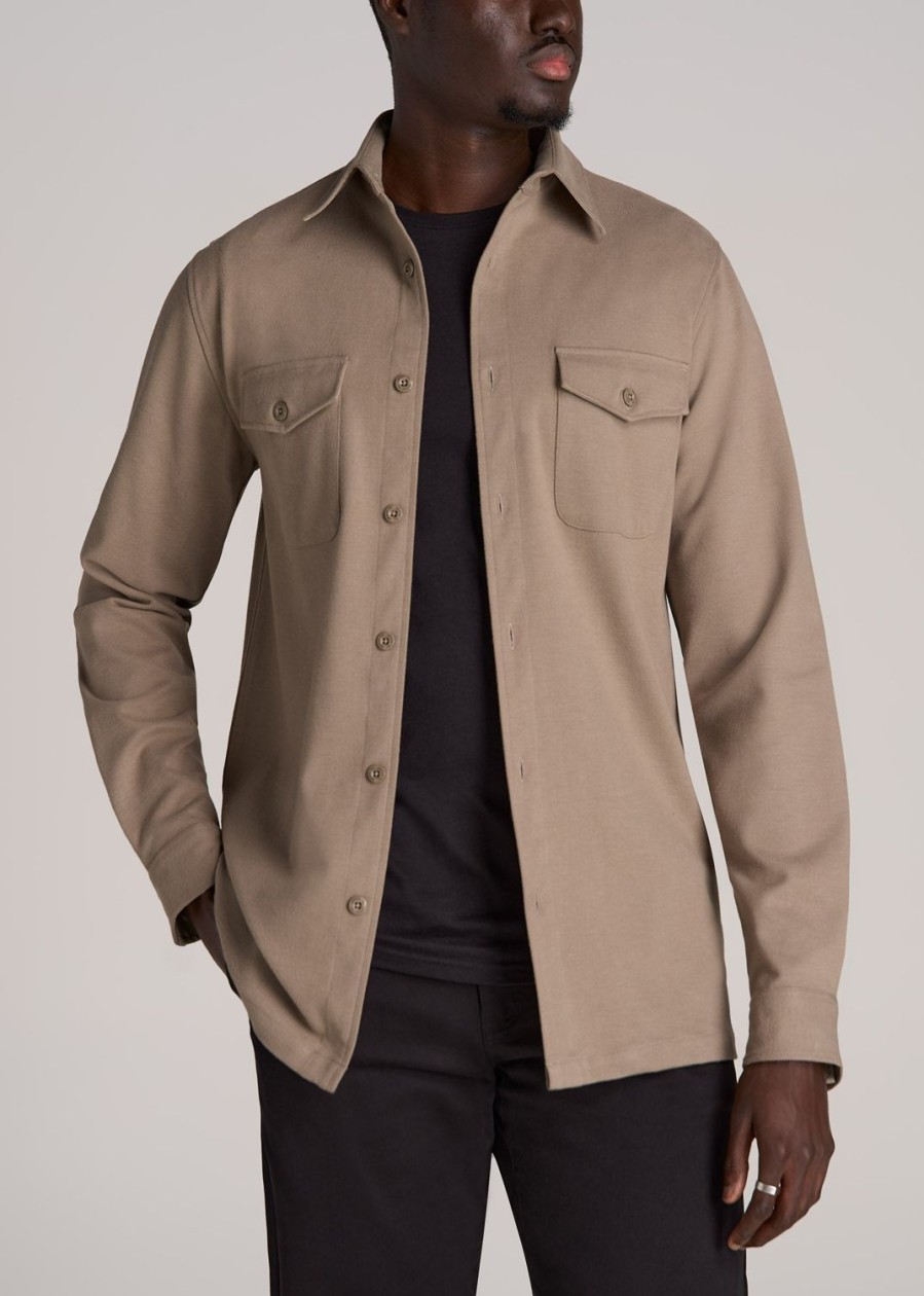 Men American Tall Button Shirts | Stretch Knit Overshirt Men'S In Dark Sand