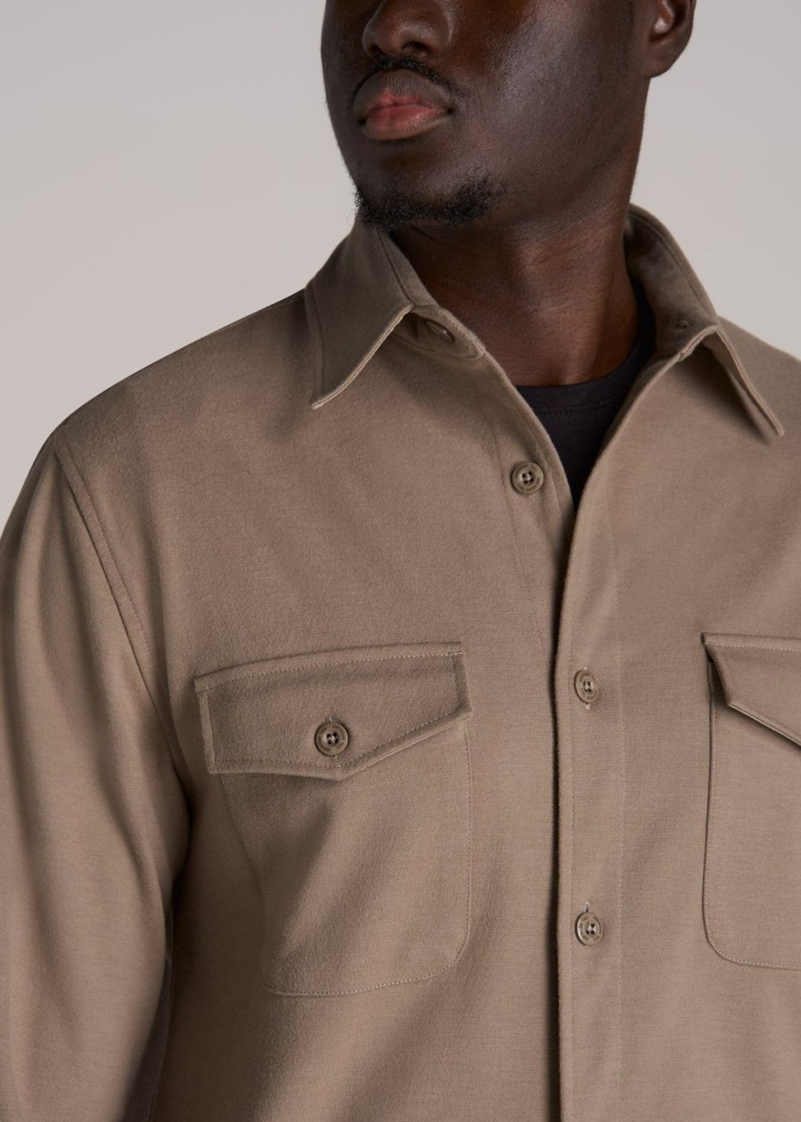 Men American Tall Button Shirts | Stretch Knit Overshirt Men'S In Dark Sand