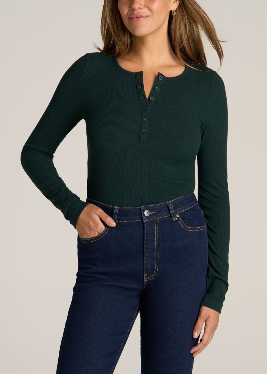 Women American Tall Long Sleeve Tees | Long Sleeve Ribbed Crewneck Women'S Tall Henley Shirt In Emerald