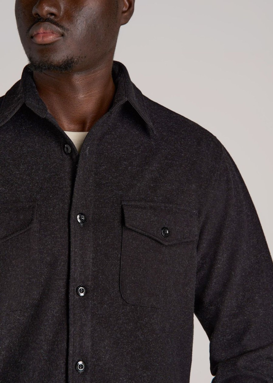 Men American Tall Button Shirts | Stretch Knit Overshirt For Tall Men In Black