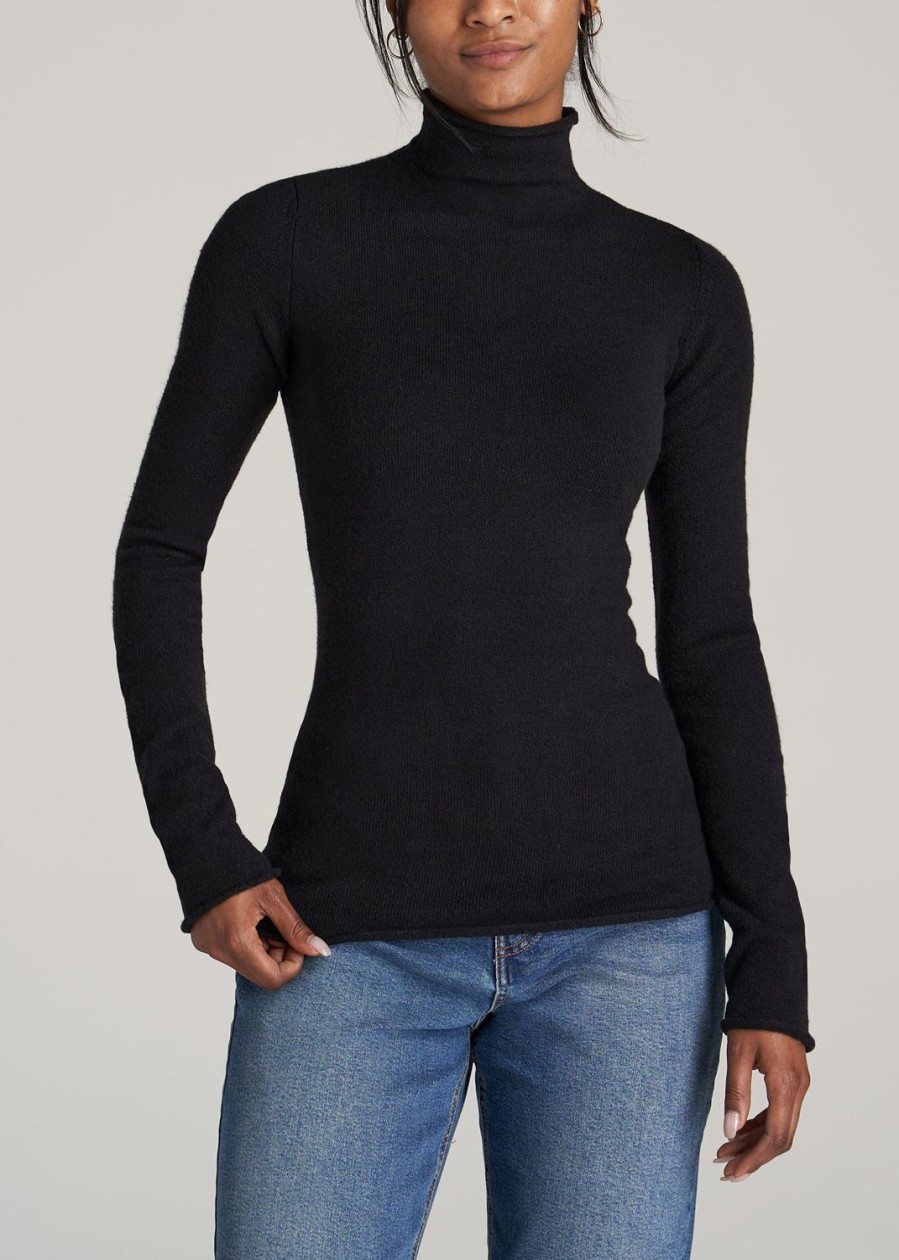 Women American Tall Sweaters | Women'S Tall Rolled Mock Neck Sweater In Black