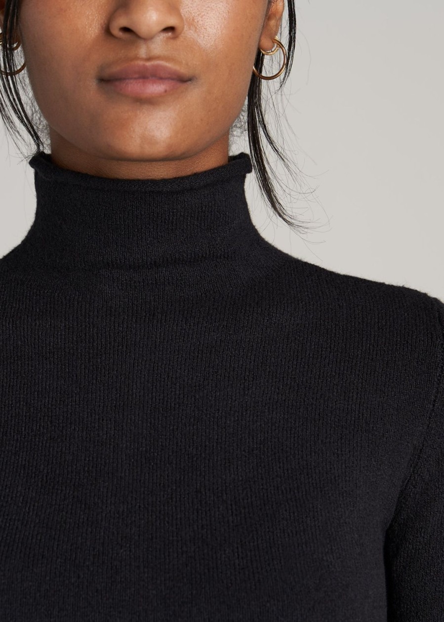 Women American Tall Sweaters | Women'S Tall Rolled Mock Neck Sweater In Black