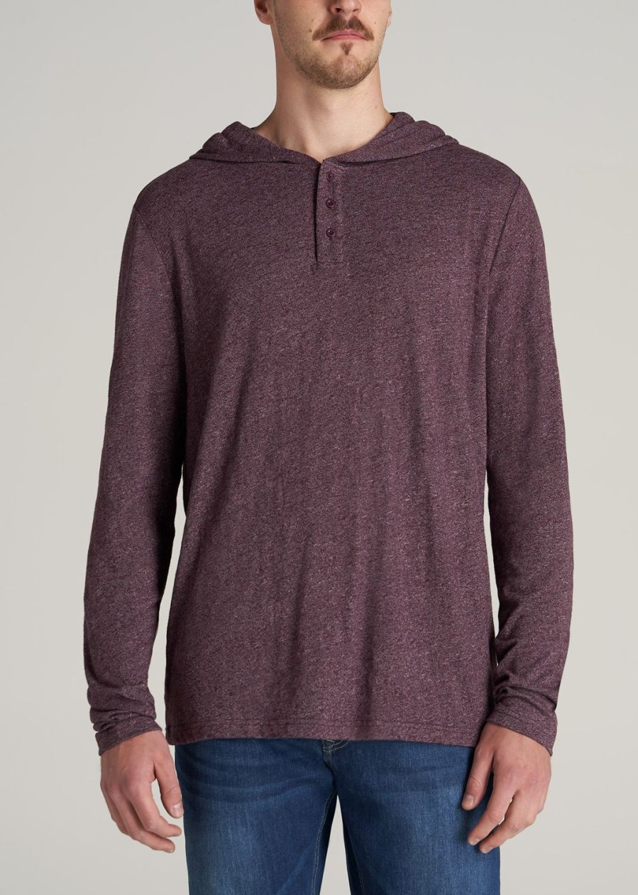 Men American Tall Long Sleeve Tees + Thermals | Henley Hoodie For Tall Men In Burgundy Mix