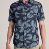 Men American Tall Button Shirts | Chambray Print Short Sleeve Button-Up For Tall Men In Dark Grey Palm Print Navy Island Print