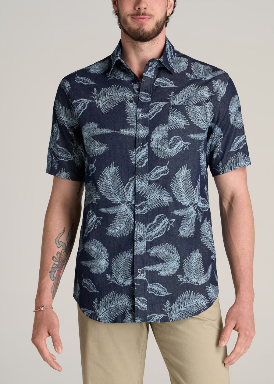 Men American Tall Button Shirts | Chambray Print Short Sleeve Button-Up For Tall Men In Dark Grey Palm Print Navy Island Print