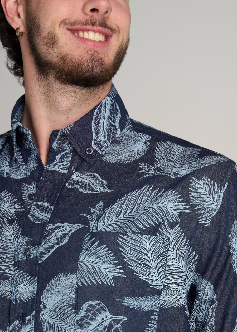 Men American Tall Button Shirts | Chambray Print Short Sleeve Button-Up For Tall Men In Dark Grey Palm Print Navy Island Print