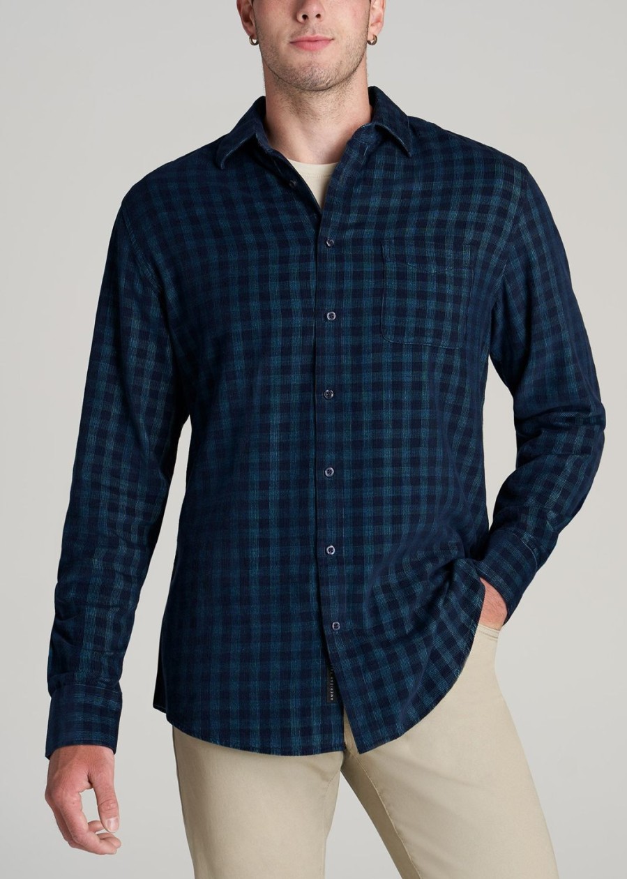 Men American Tall Button Shirts | Baby Wale Corduroy Shirt For Tall Men In Teal & Navy Plaid