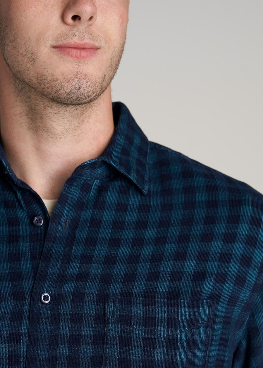 Men American Tall Button Shirts | Baby Wale Corduroy Shirt For Tall Men In Teal & Navy Plaid