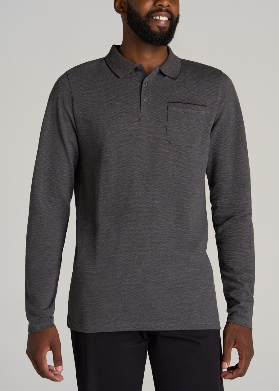 Men American Tall Long Sleeve Tees + Thermals | Long Sleeve Polo Shirt For Tall Men In Charcoal Mix & Black