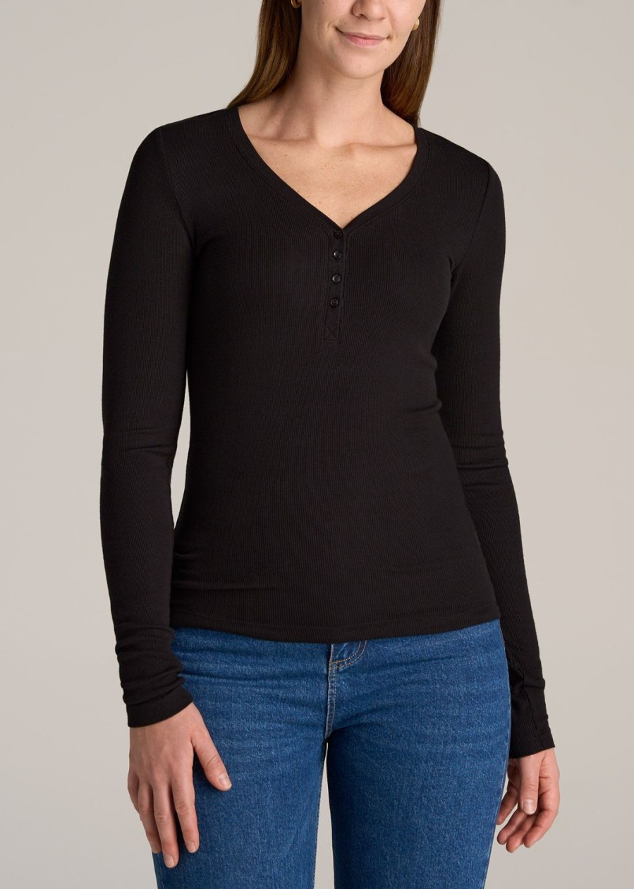 Women American Tall Long Sleeve Tees | Tall Women'S Fitted Ribbed Long Sleeve Henley In Black