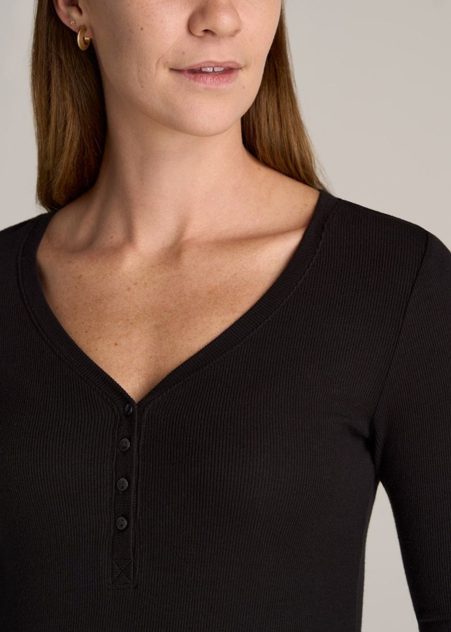 Women American Tall Long Sleeve Tees | Tall Women'S Fitted Ribbed Long Sleeve Henley In Black