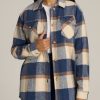 Women American Tall Jackets + Outerwear | Flannel Women'S Tall Shacket In Cream And Denim Blue Paid