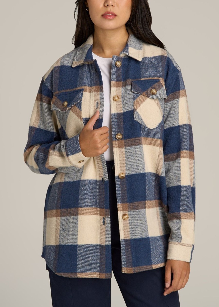 Women American Tall Jackets + Outerwear | Flannel Women'S Tall Shacket In Cream And Denim Blue Paid