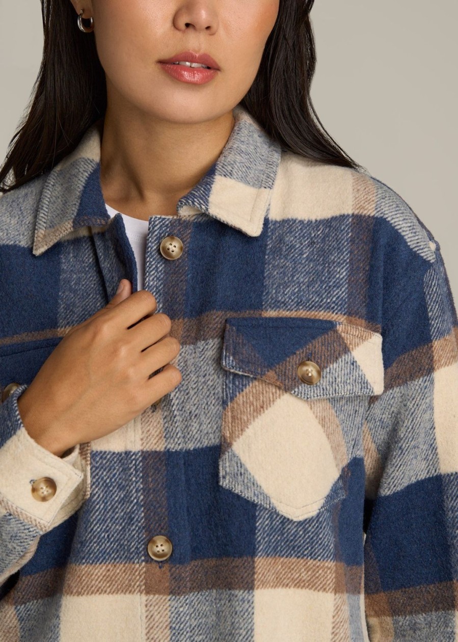 Women American Tall Jackets + Outerwear | Flannel Women'S Tall Shacket In Cream And Denim Blue Paid