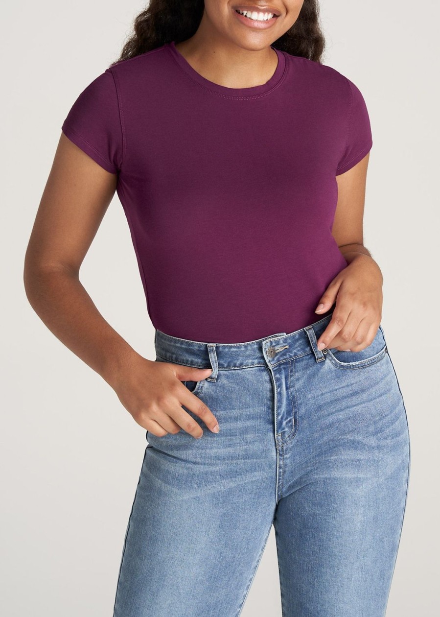 Women American Tall Tees, Tanks + Bodysuits | Women'S Slim-Fit Crewneck Cap Sleeve Tall Tee In Plum