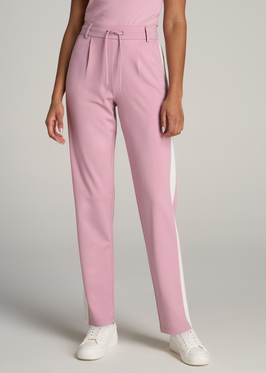 Women American Tall Pants + Trousers | Pull On Tuxedo Stripe Pants For Tall Women In Pink Peony And White Alyssum