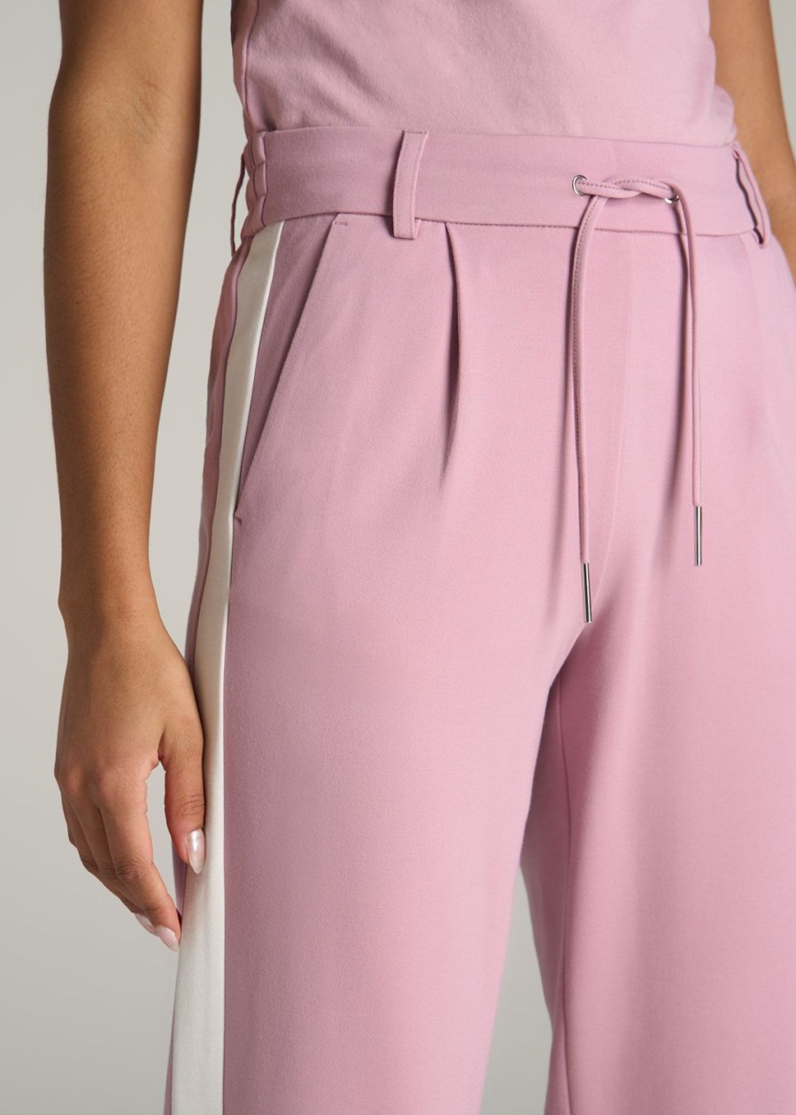 Women American Tall Pants + Trousers | Pull On Tuxedo Stripe Pants For Tall Women In Pink Peony And White Alyssum