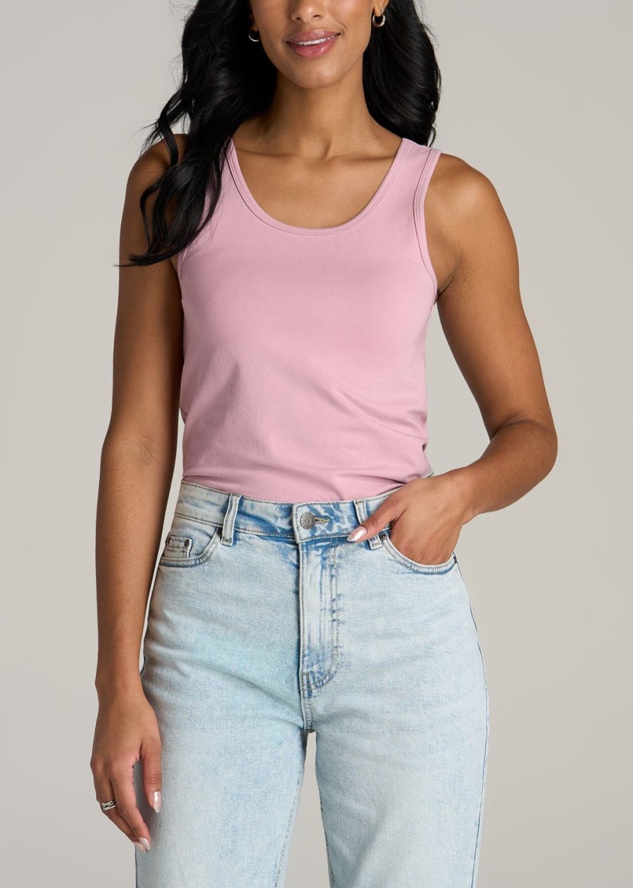 Women American Tall Tees, Tanks + Bodysuits | Slim Fit Jersey Tank Top For Tall Women In Pink Peony