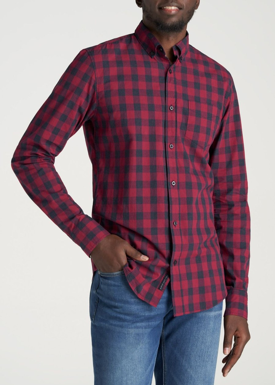 Men American Tall Button Shirts | Soft-Wash Button-Up Shirt For Tall Men In Red & Deep Denim Plaid