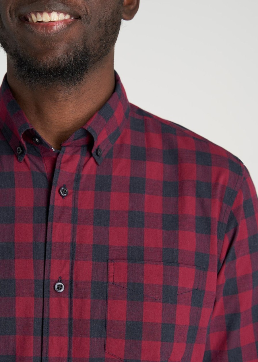 Men American Tall Button Shirts | Soft-Wash Button-Up Shirt For Tall Men In Red & Deep Denim Plaid